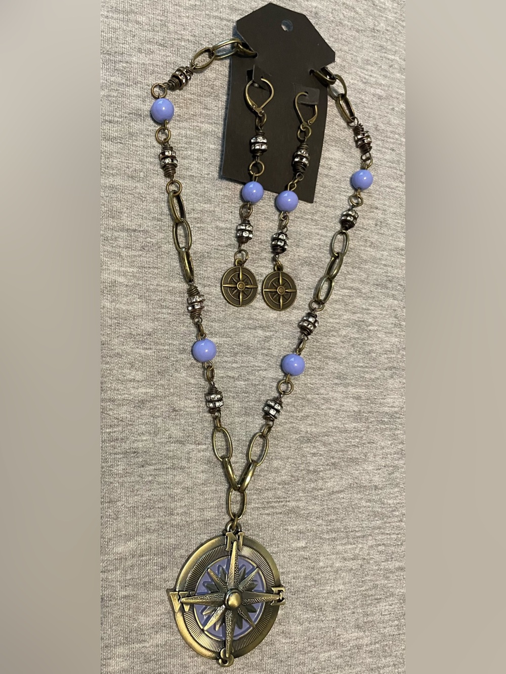 Periwinkle Bead Compass Pendant Antique Gold Necklace- Matching Earrings